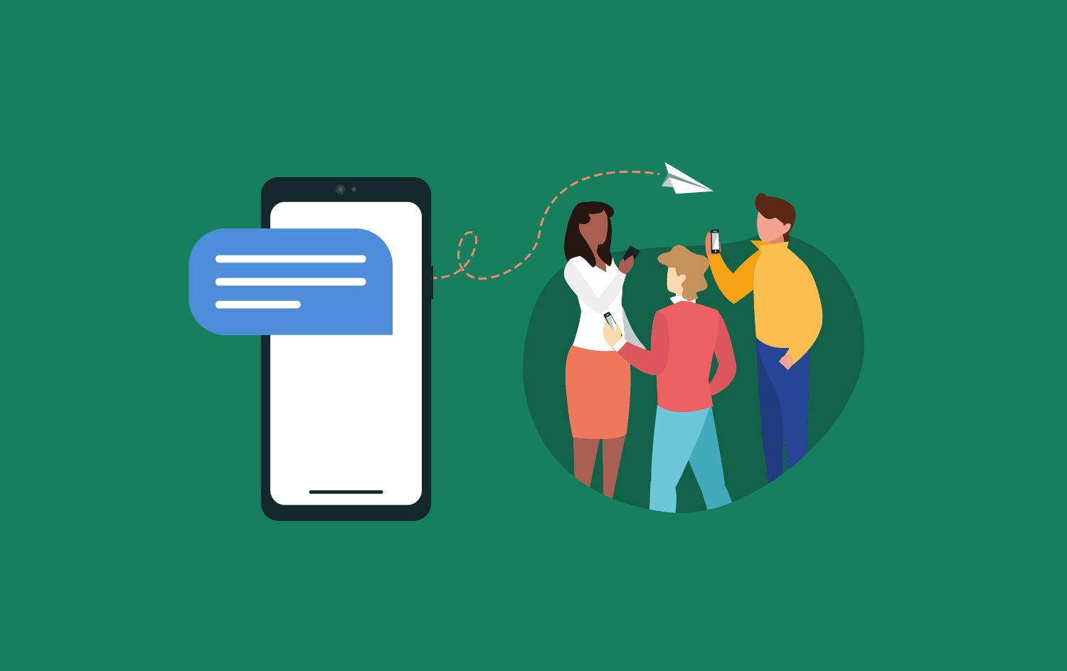 Cartoon representation of a single text message being sent out and being received by a large group of people