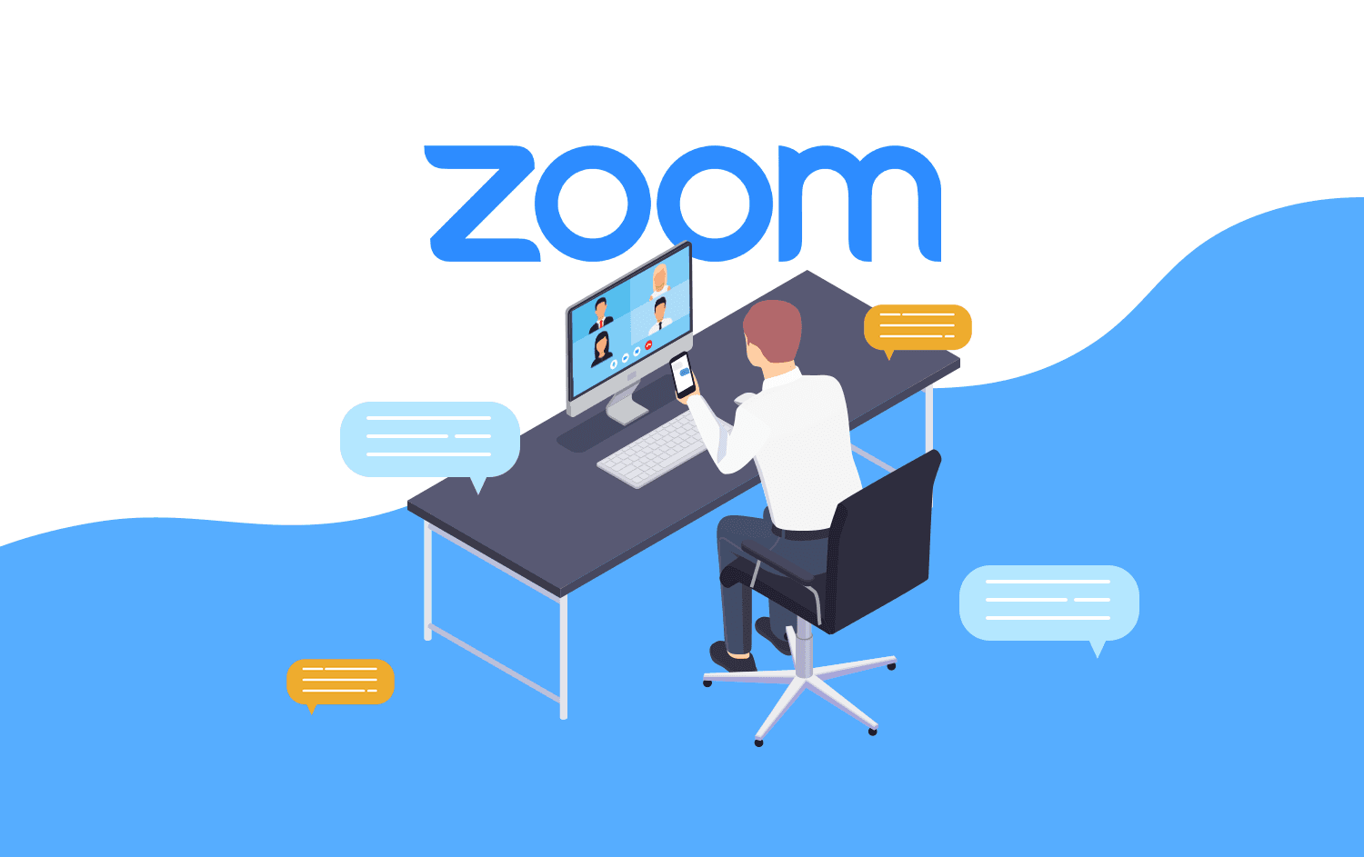 Cartoon representation of people watching a webinar and receiving a text message on their phone, with the Zoom logo in the background