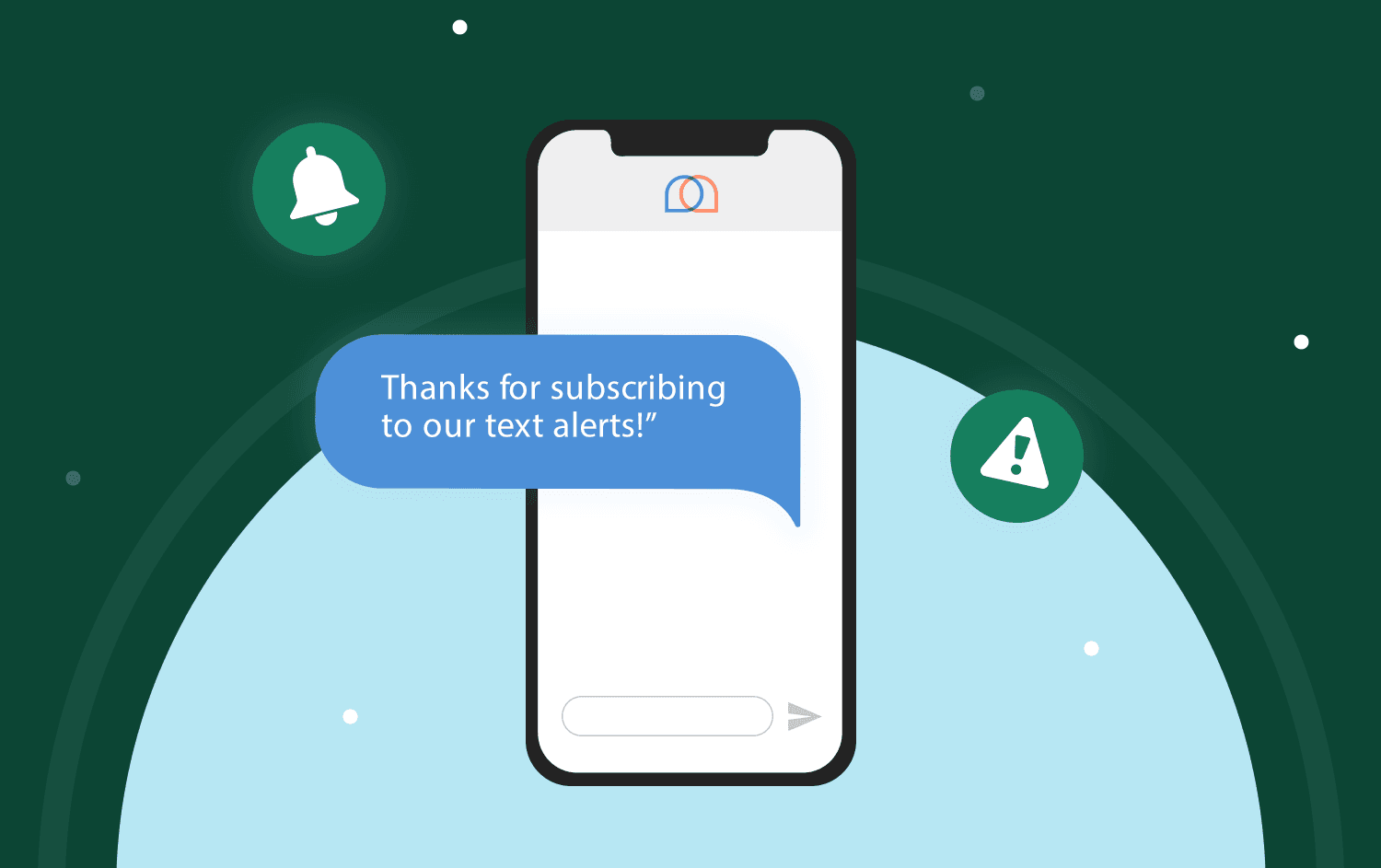 Cartoon representation of text bubble saying “Thanks for subscribing to our text alerts!” with related icons such as bells and smartphones in the background