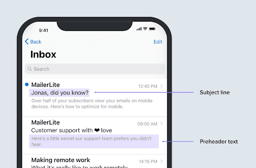 Email inbox on mobile phone