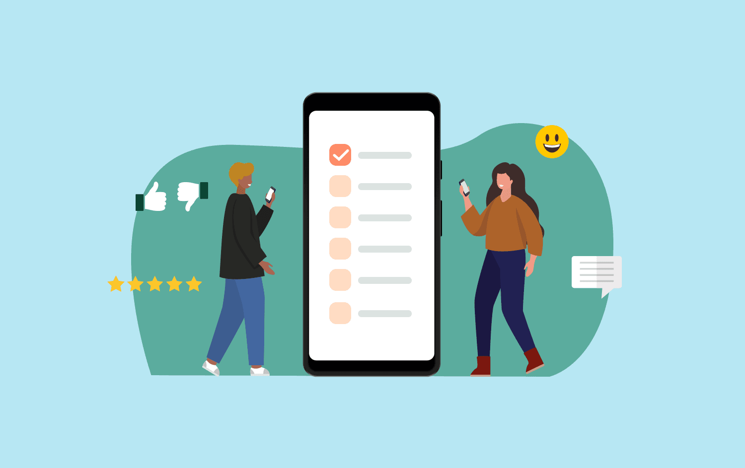 Cartoon representation of a person holding a phone and filling out a survey on that phone