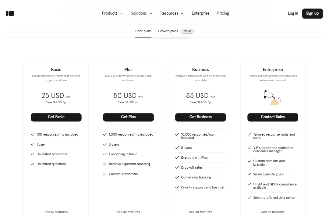 Screenshot of Typeform plans
