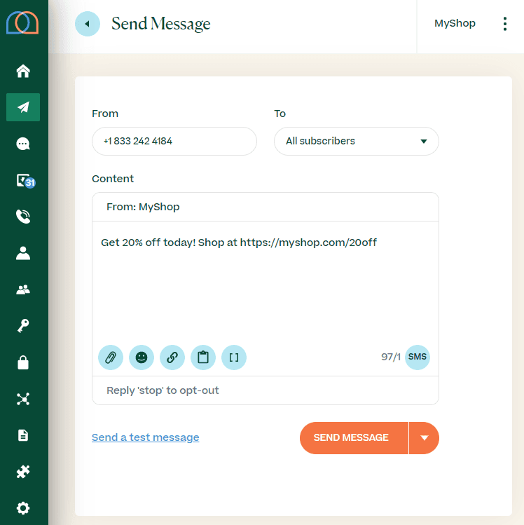 Send message page in the Mobile Text Alerts platform