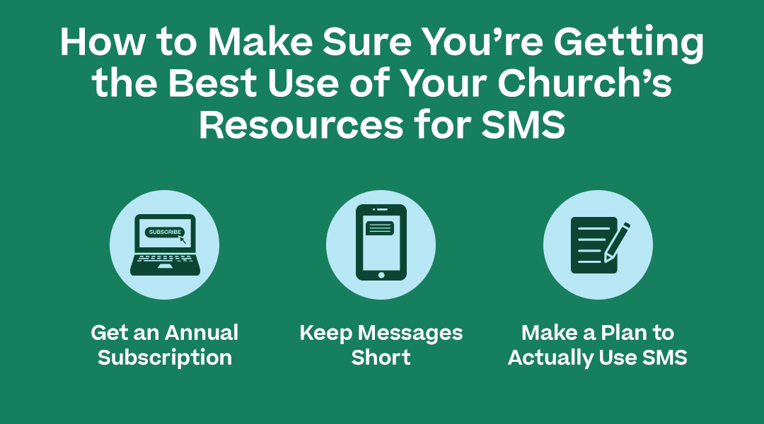 "How to Make Sure You’re Getting the Best Use of Your Church’s Resources for SMS” with the subpoints listed below and corresponding icons / graphical elements